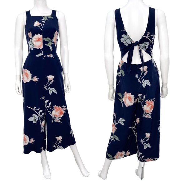 Aritzia Wilfred Ecoulement Floral Jumpsuit Cropped Wide Leg Royal Navy/Rosso - Picture 3 of 14
